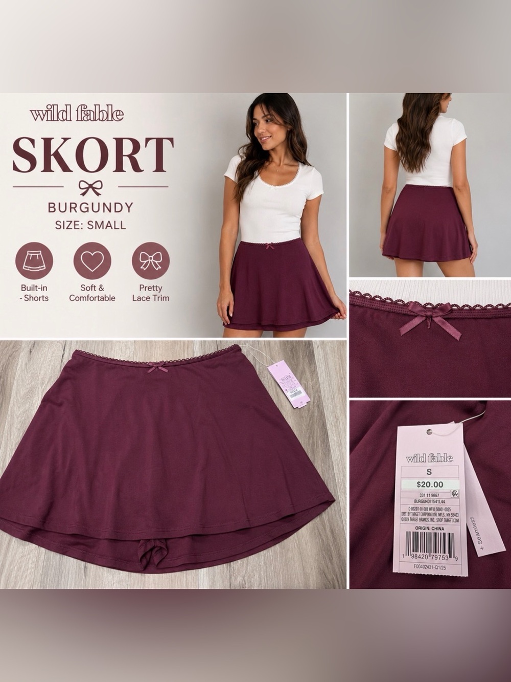 Wild Fable Burgundy Skort with Built-In Shorts – Women’s Size Small – NWT